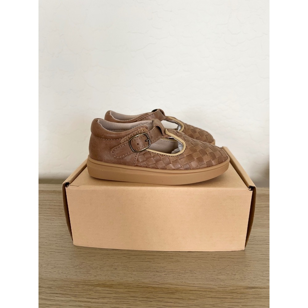 Consciously Baby Leather Woven T-Bar Sandals Walnut Brown Toddler Size 7 NIB